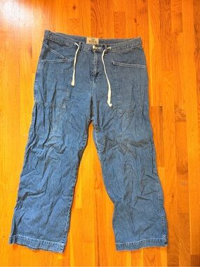Blue Denim Jeans with Drawstring Waist and Large Pockets